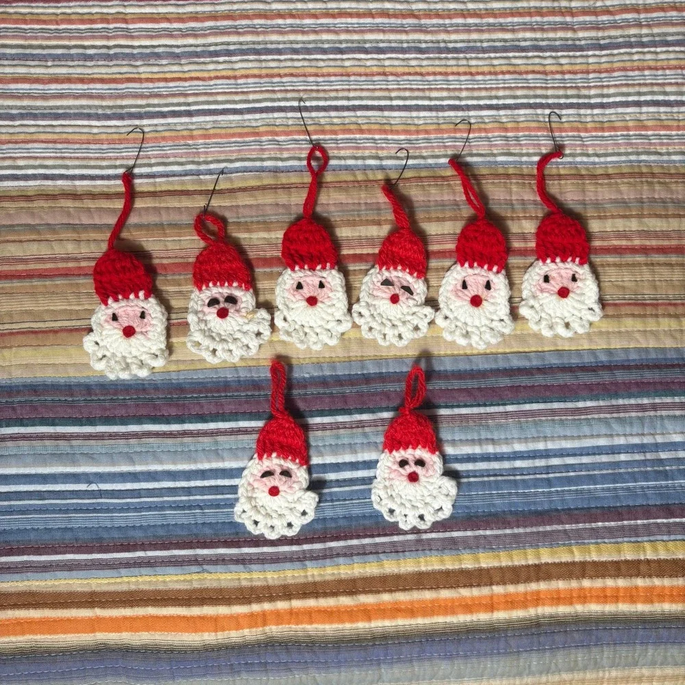 Vintage Handmade Crochet Santa Claus Christmas Ornaments Set of 8 Red White
